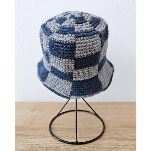 Checkered Crochet Bucket Hat - Navy/Gray (Handmade) - Picture 6 of 11